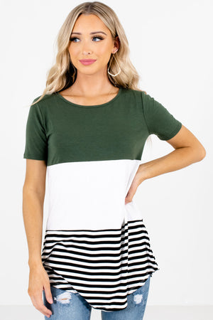 Green White and Black Color Block Patterned Boutique Tops for Women