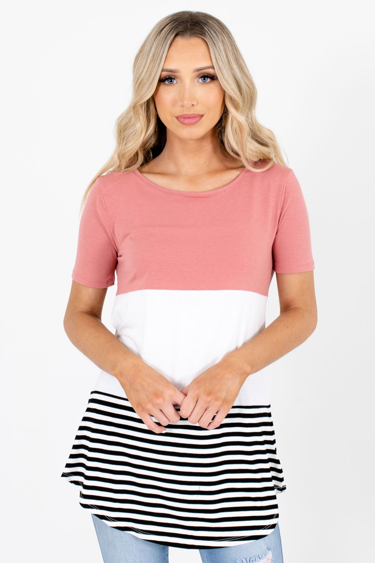 Pink White and Black Color Block Patterned Boutique Tops for Women