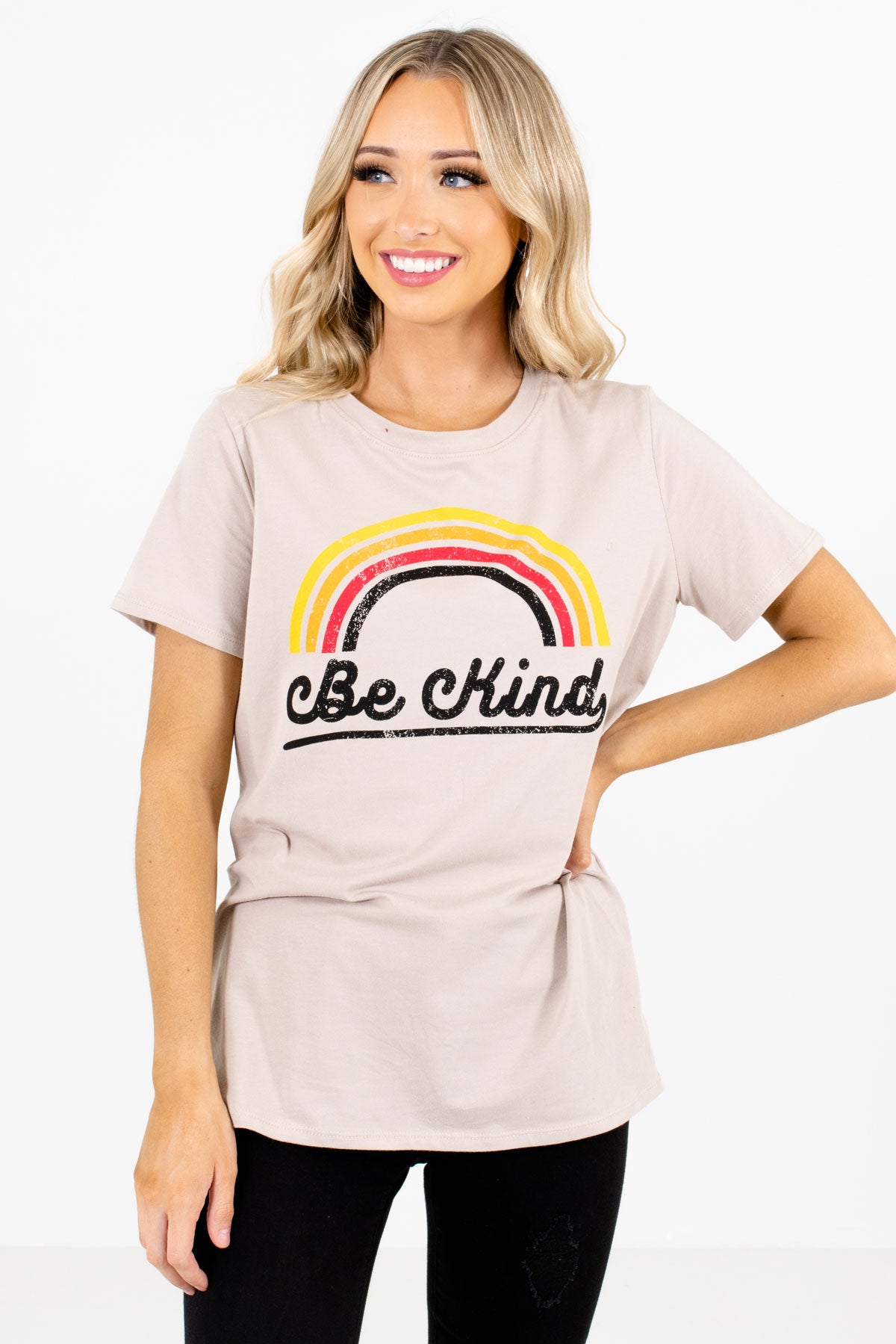 Women's Taupe Brown Round Neckline Boutique Graphic T-Shirt
