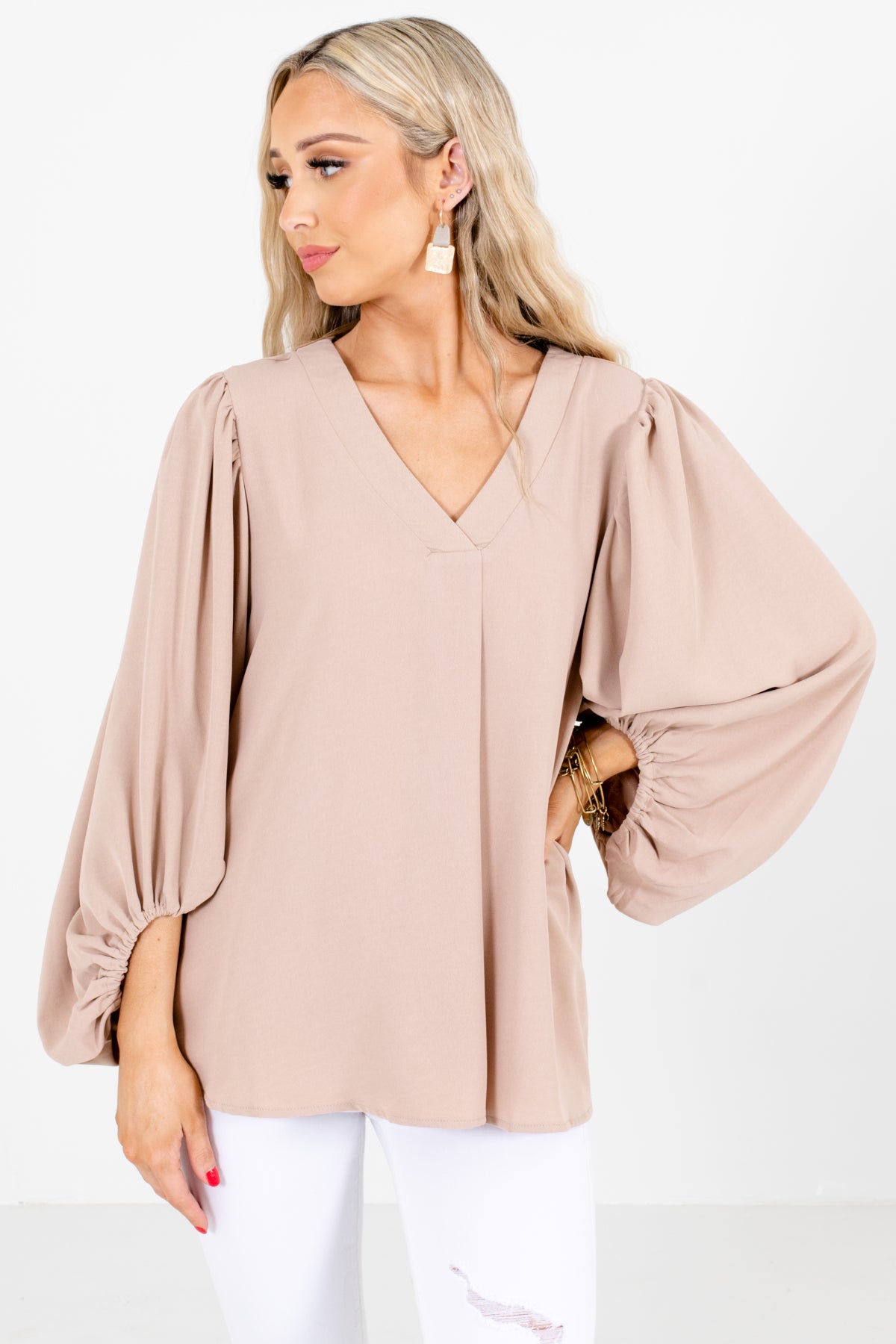 Brown Bishop Sleeve Boutique Blouses for Women, business casual tops