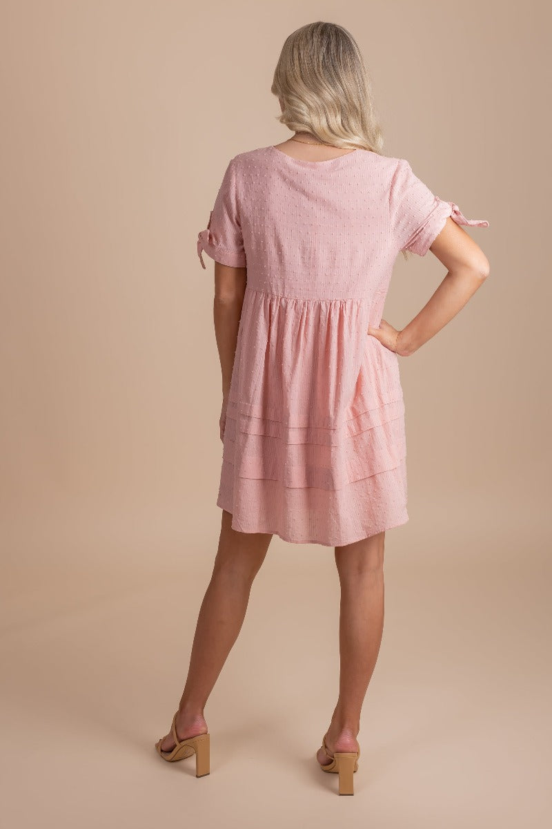 Mini Boutique Dress with Tie Short Sleeves in Salmon Pink