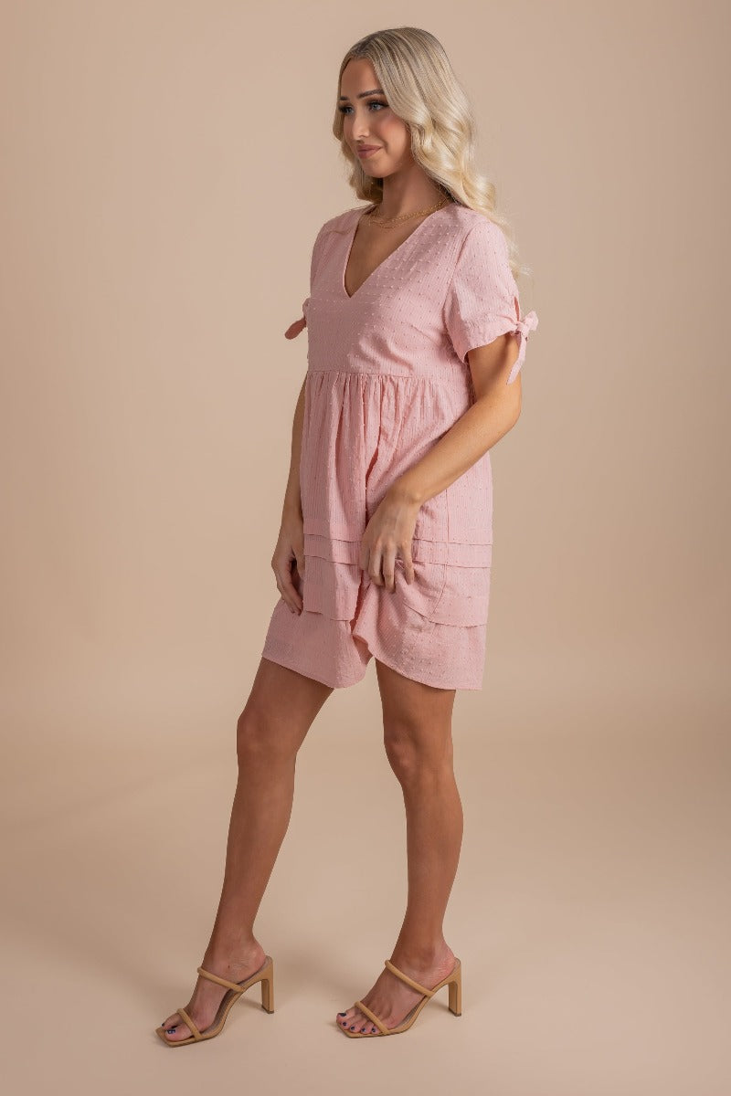 Mini Boutique Dress with Tie Short Sleeves in Salmon Pink