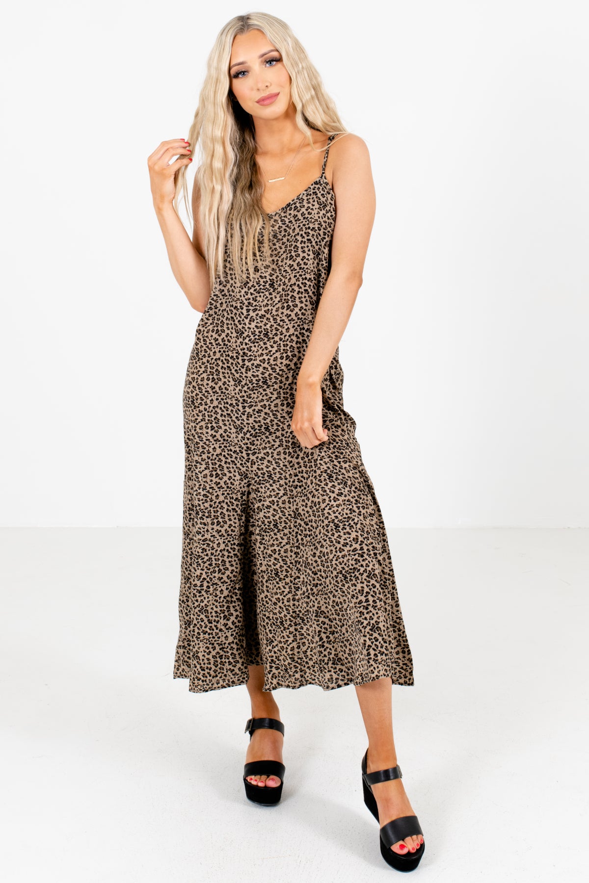 Brown Leopard Print Patterned Boutique Midi Dresses for Women