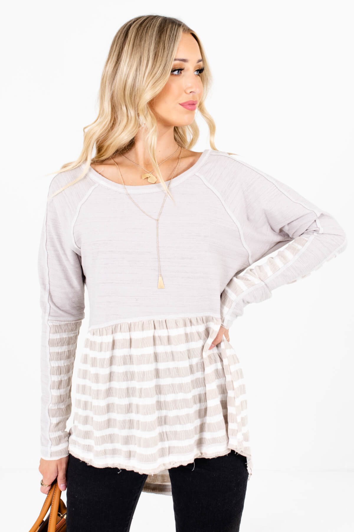 Taupe Brown and White Striped Boutique Tops for Women