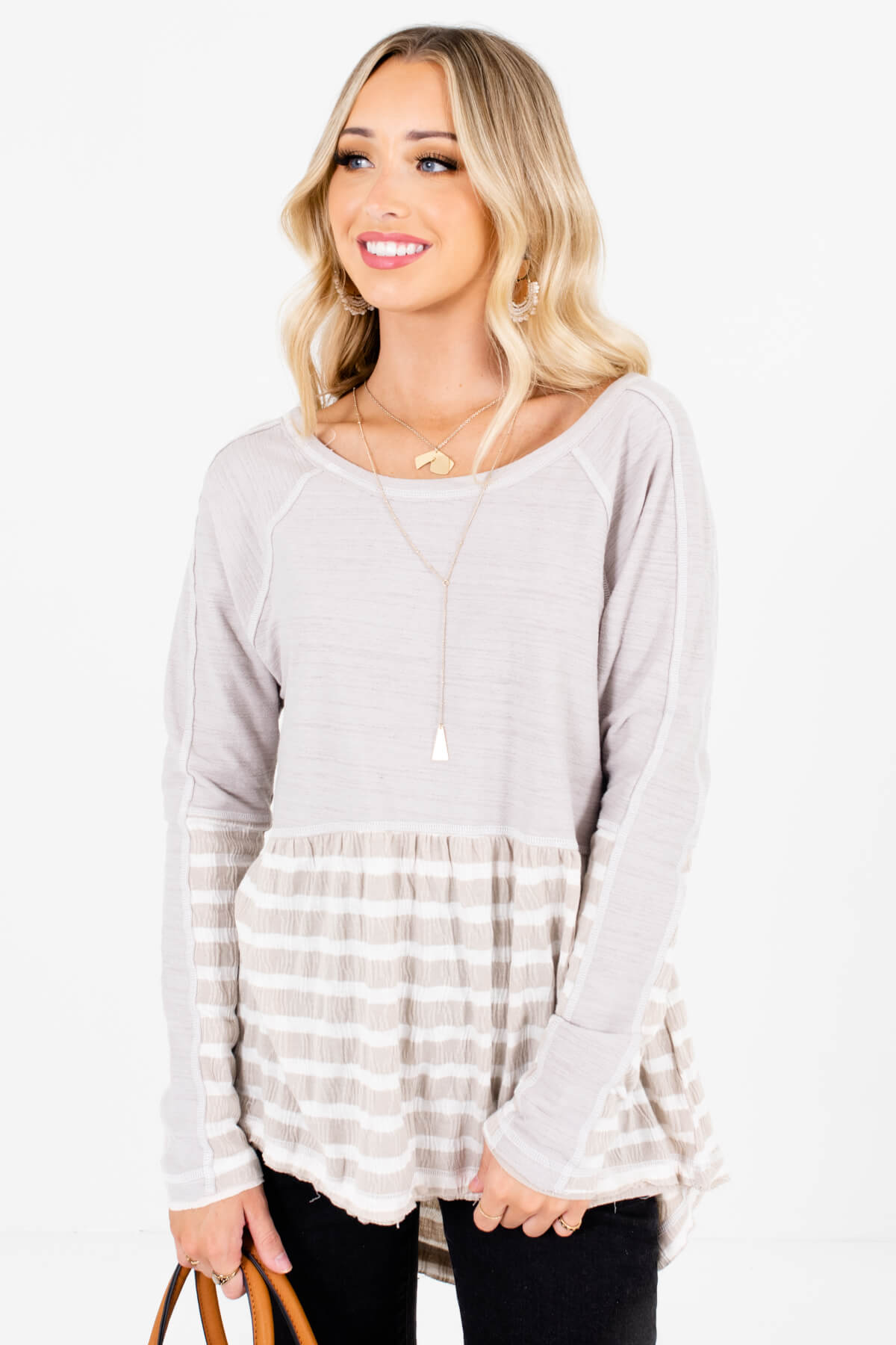 Women's Taupe Brown High-Low Hem Boutique Tops