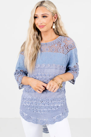 Blue Semi-Sheer Crochet Material Boutique Tops for Women