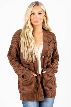 Brown Oversized Cardigan with Button Front for Women