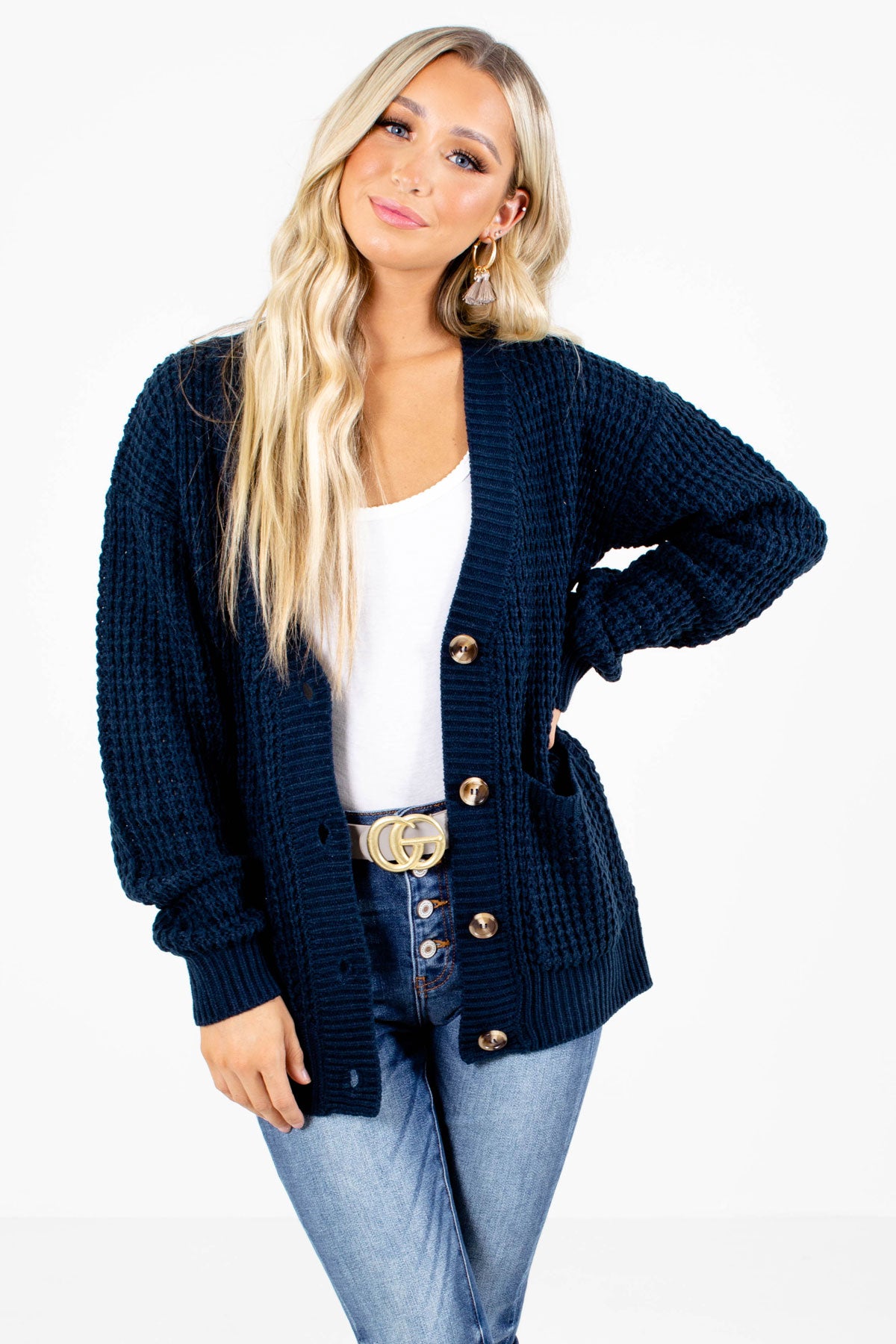Navy Blue Button-Up Front Boutique Cardigans for Women