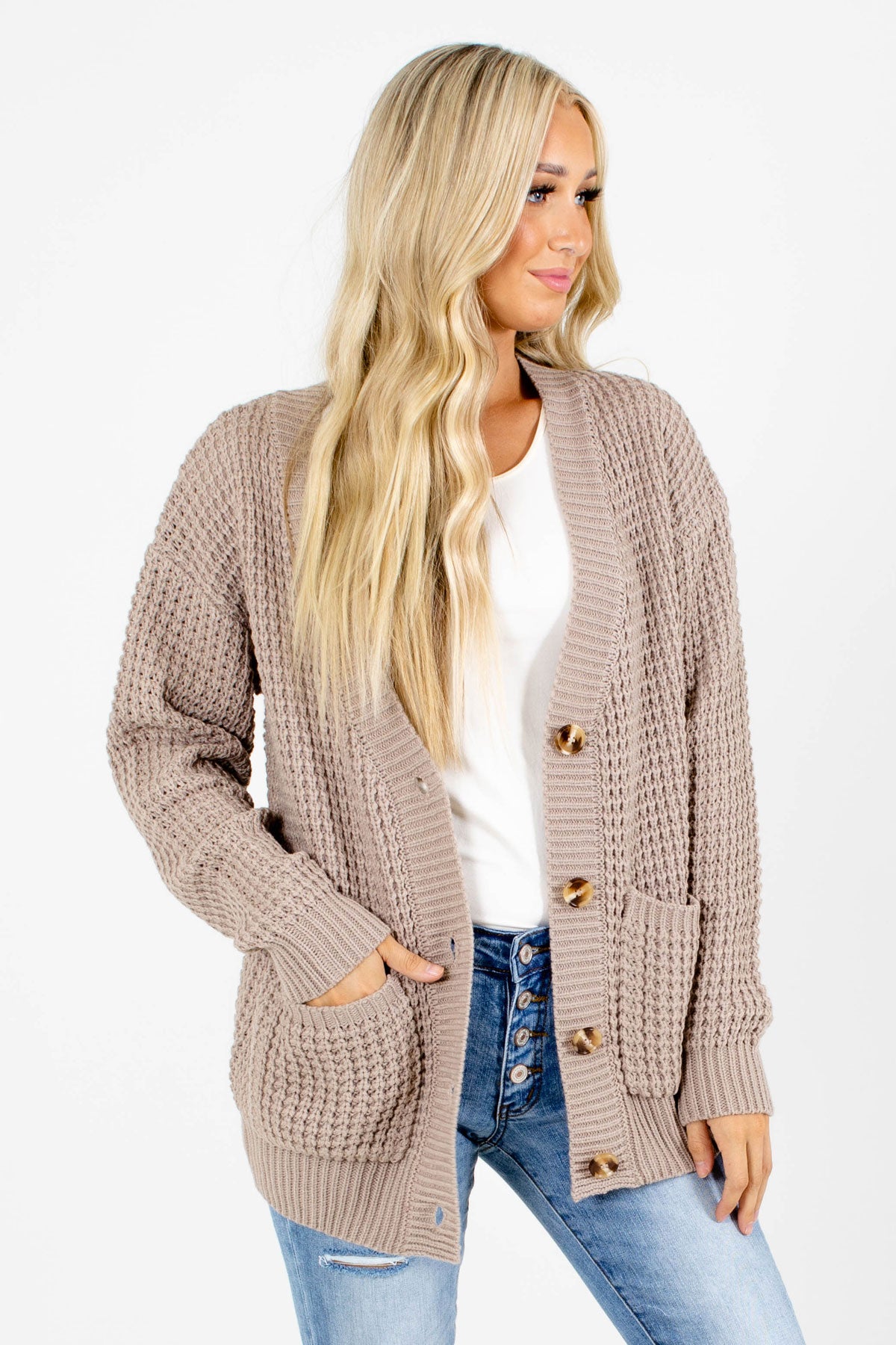 Women's Waffle Knot Cardigan with Button Front in Beige