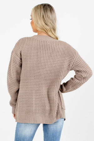 Beige Waffle Knit Cardigan Sweater for Women