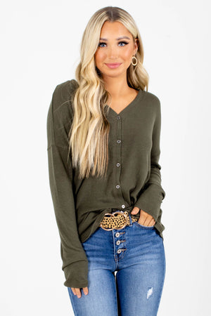 Olive Green Button-Up Boutique Tops for Women