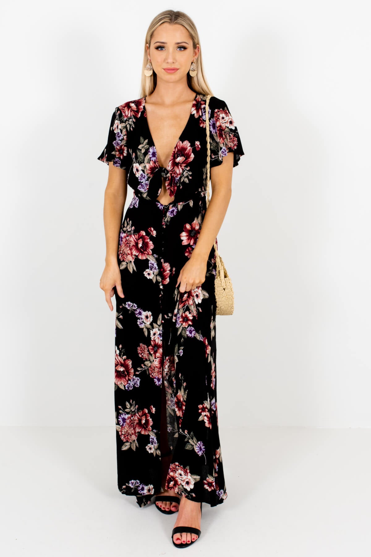 Black Floral Cute and Comfortable Boutique Maxi Dresses for Women