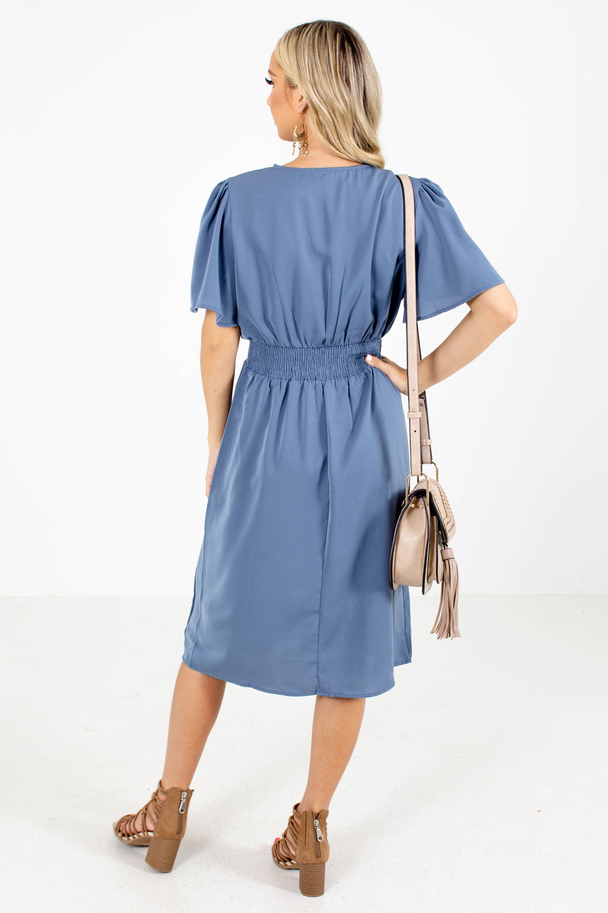 Women's Blue Smocked Waistband Boutique Knee-Length Dress