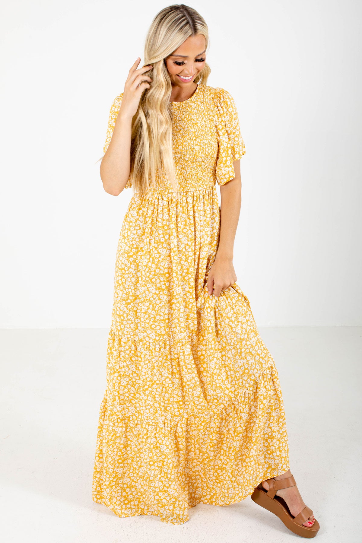 Yellow and White Floral Patterned Boutique Maxi Dresses for Women