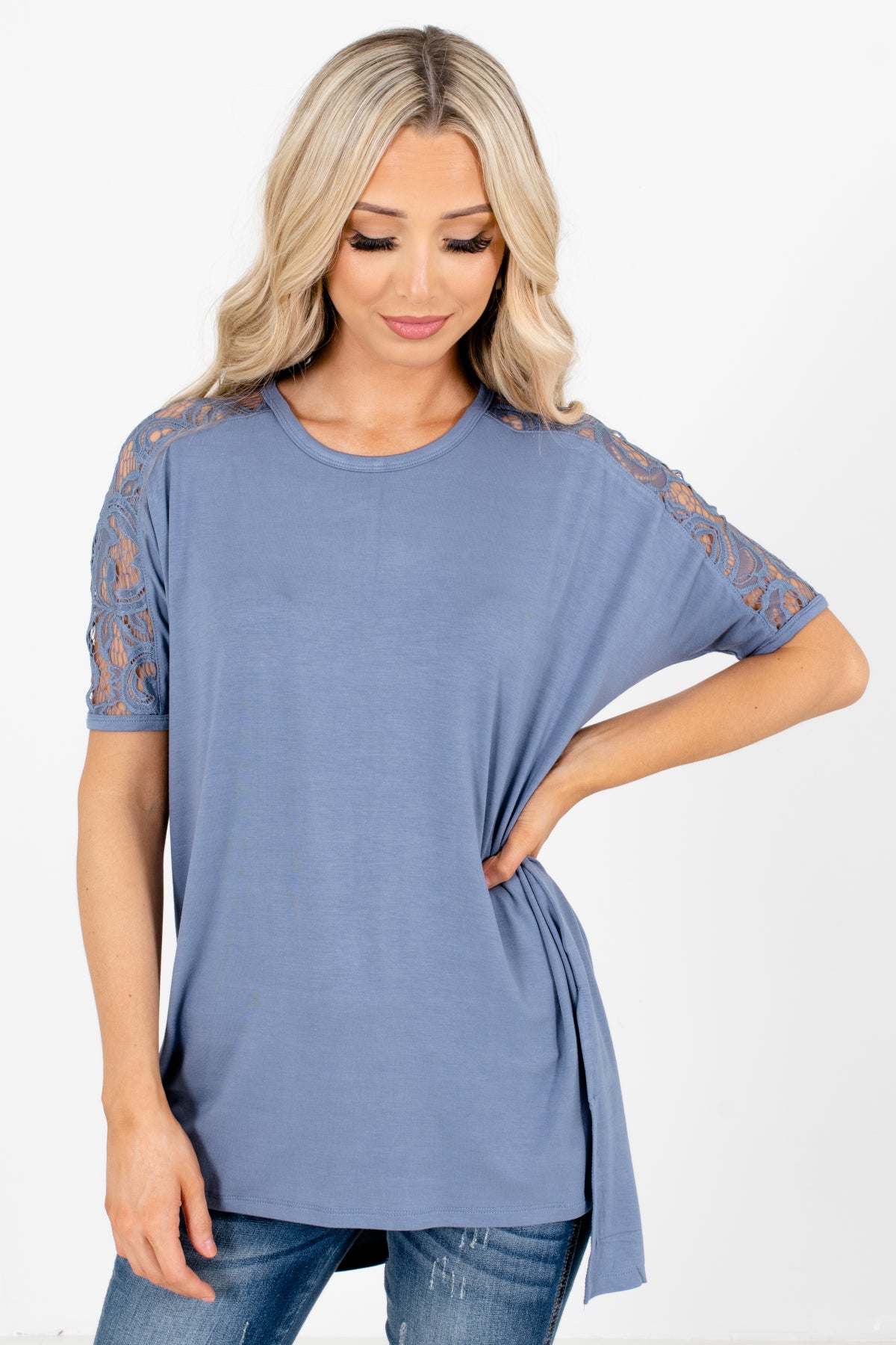 Blue Lace Detailed Boutique Tops for Women