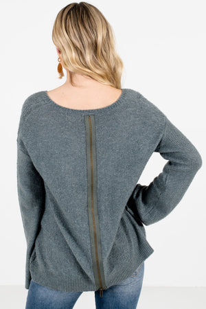 Women's Green Zip-Up Back Boutique Sweater