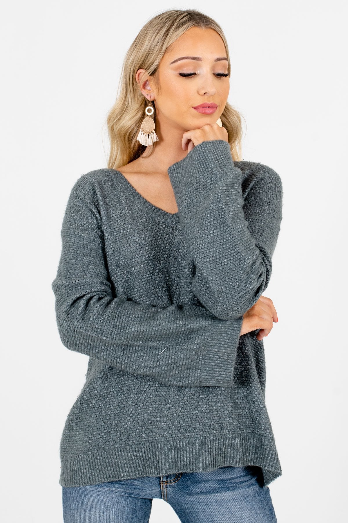 Women's Green V-Neckline Boutique Sweaters