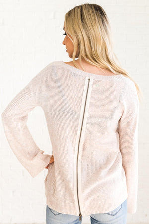 Women's Beige Brown Zip-Up Back Boutique Sweater