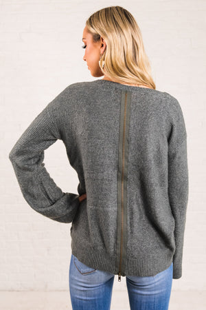 Women's Charcoal Gray Zip-Up Back Boutique Sweater