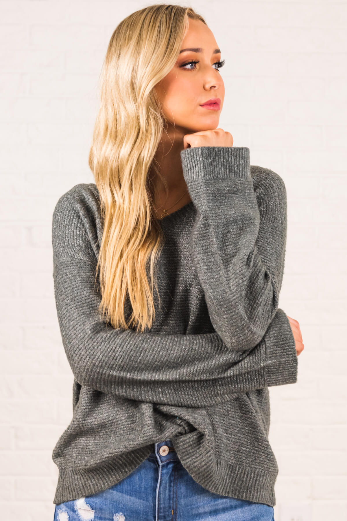 Women's Charcoal Gray V-Neckline Boutique Sweaters
