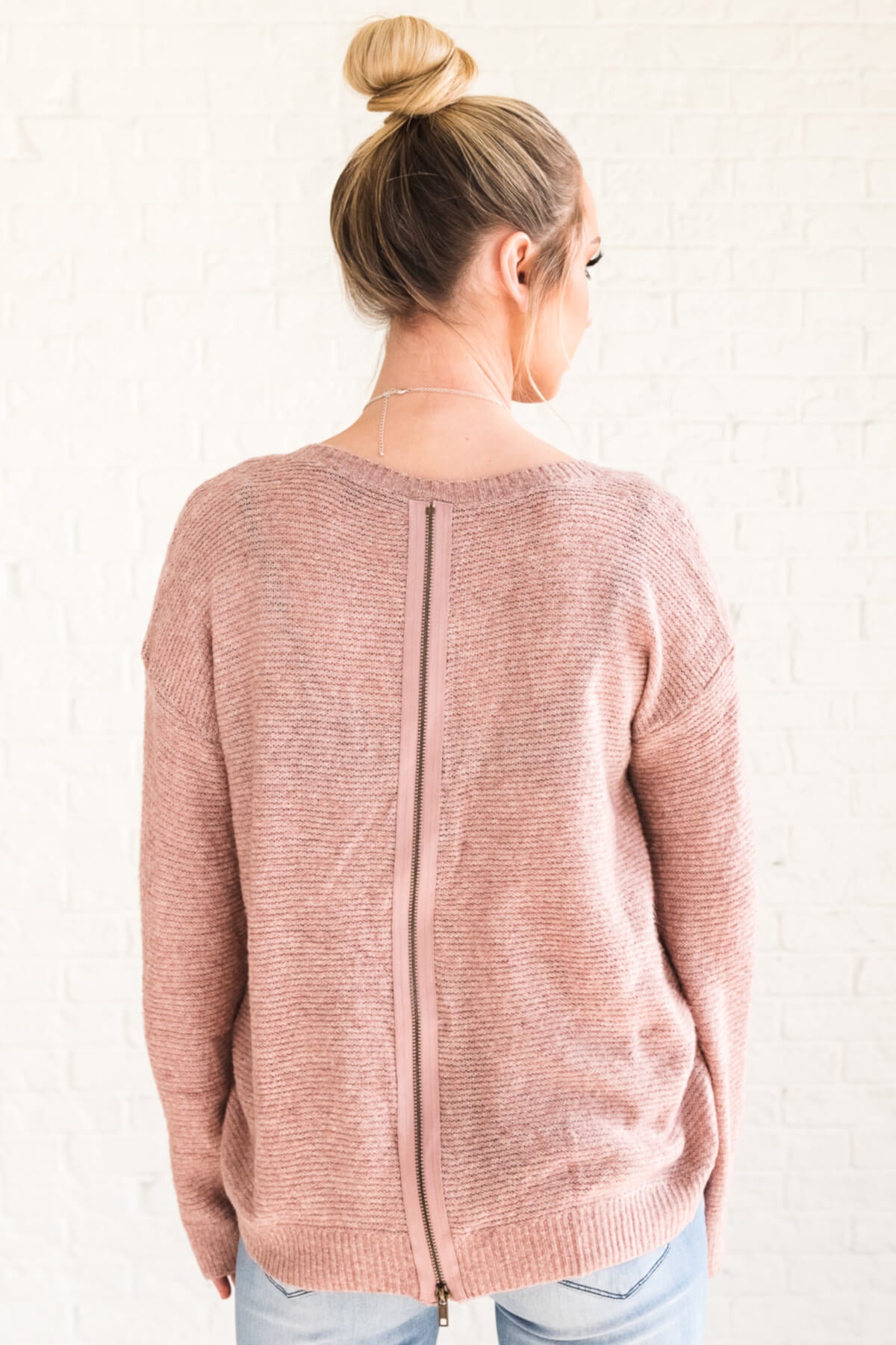Women's Mauve Pink Zip-Up Back Boutique Sweater