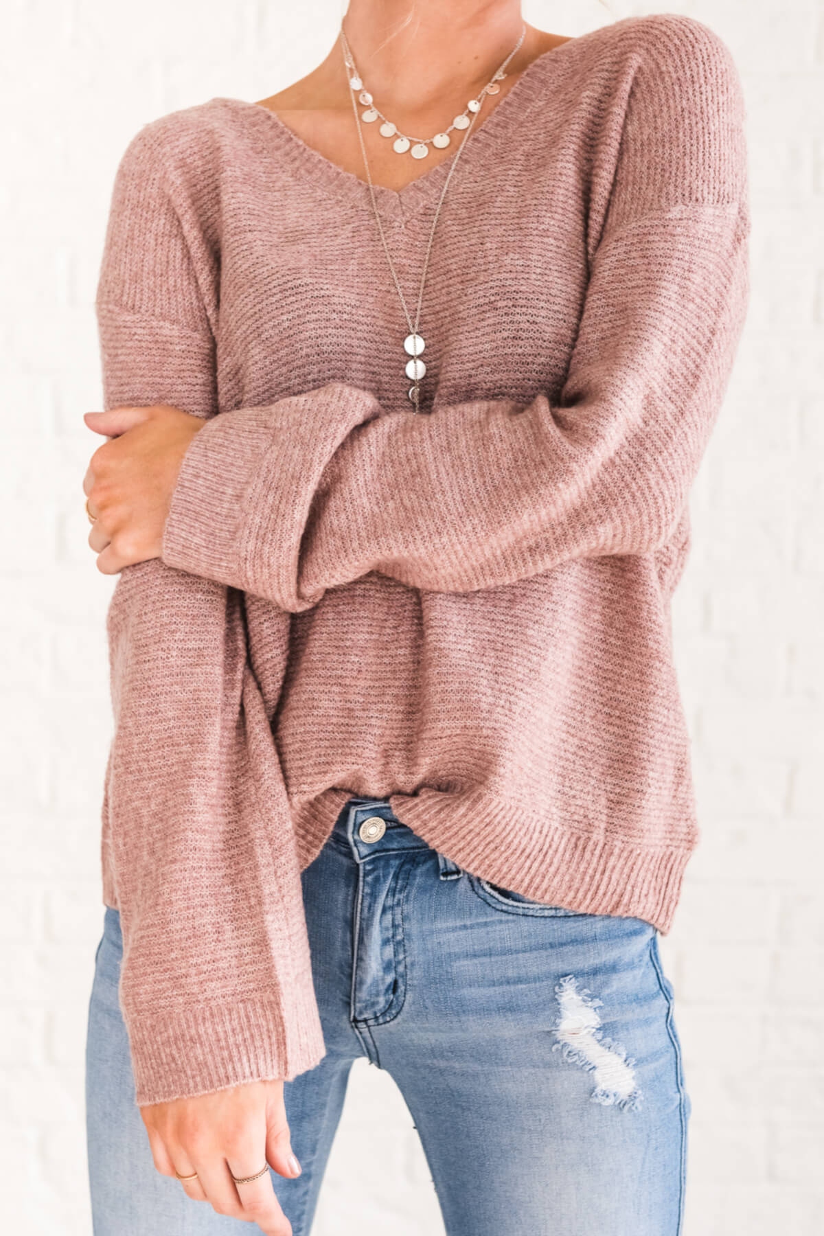 Women's Mauve Pink V-Neckline Boutique Sweaters