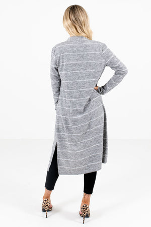Women's Gray Side Hem Slit Boutique Cardigan