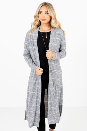 Heather Gray and White Striped Boutique Cardigans for Women