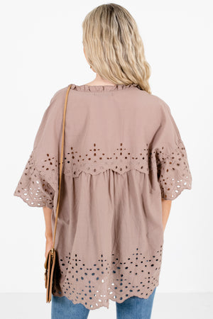 Women's Taupe Brown Ruffle Accented Boutique Blouse