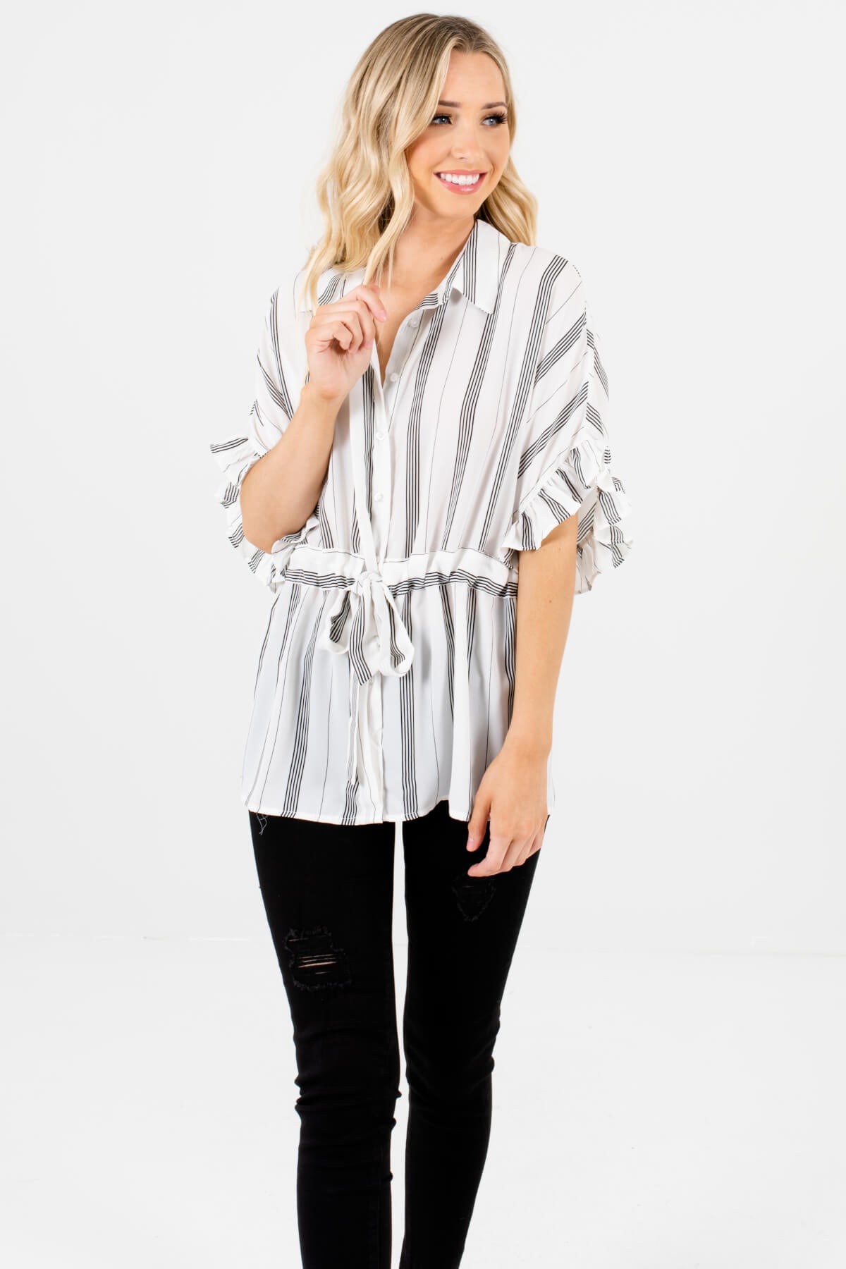 White Black Striped Button Up Blouses with Waist Tie and Ruffle Sleeves