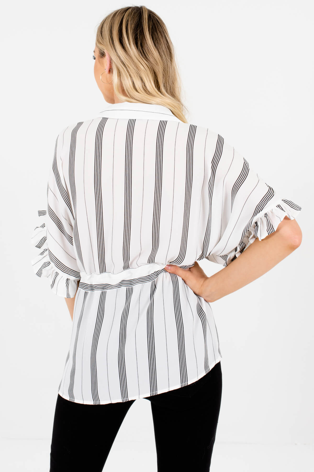 White Striped Waist Tie Button-Up Shirt Blouses for Women