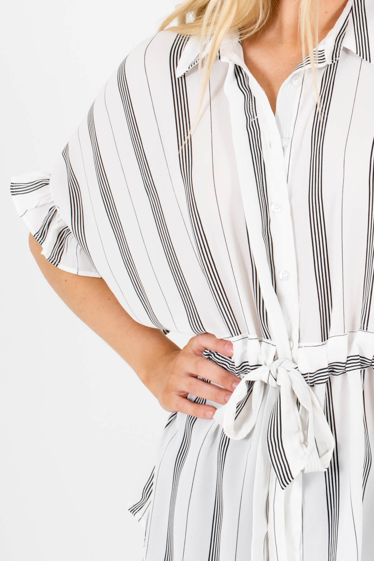 White Black Striped Button Up Waist Tie Blouses Affordable Online Boutique