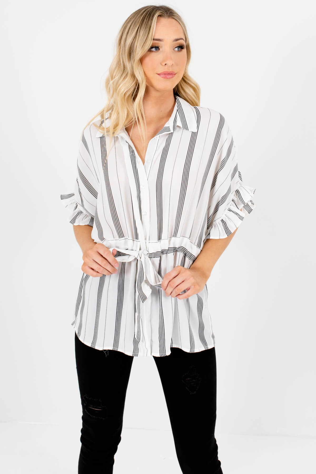 White Black Striped Oversized Button Up Ruffle Sleeve Blouses