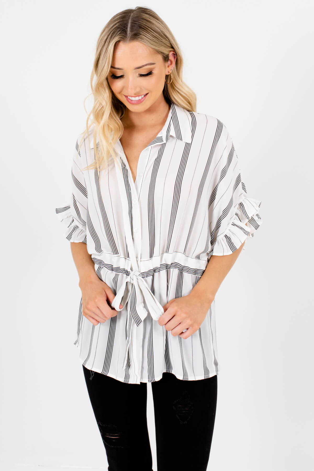 White Black Striped Waist Tie Button Up Blouses for Women
