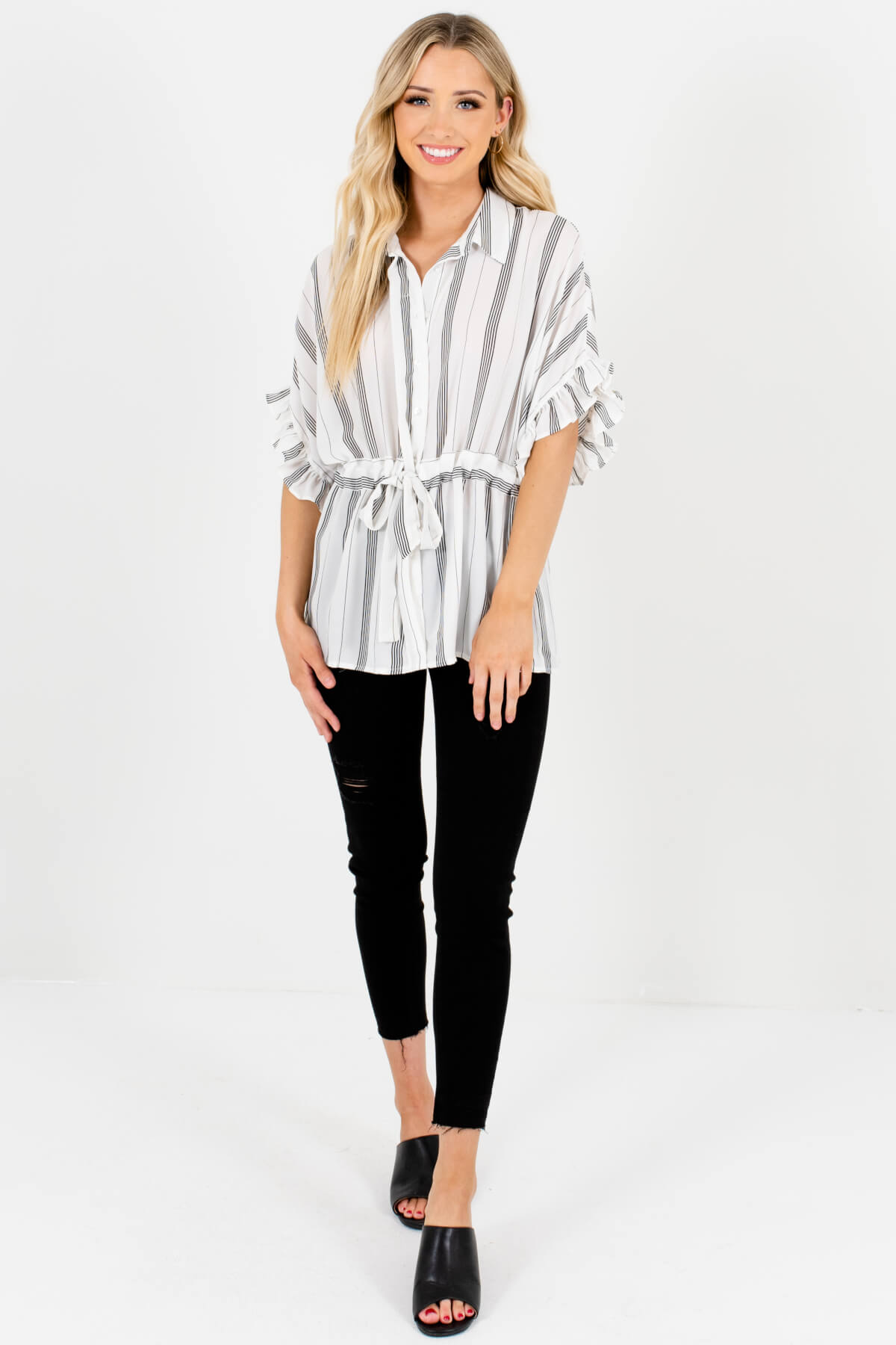 White Black Striped Button Up Waist Tie Blouses for Women