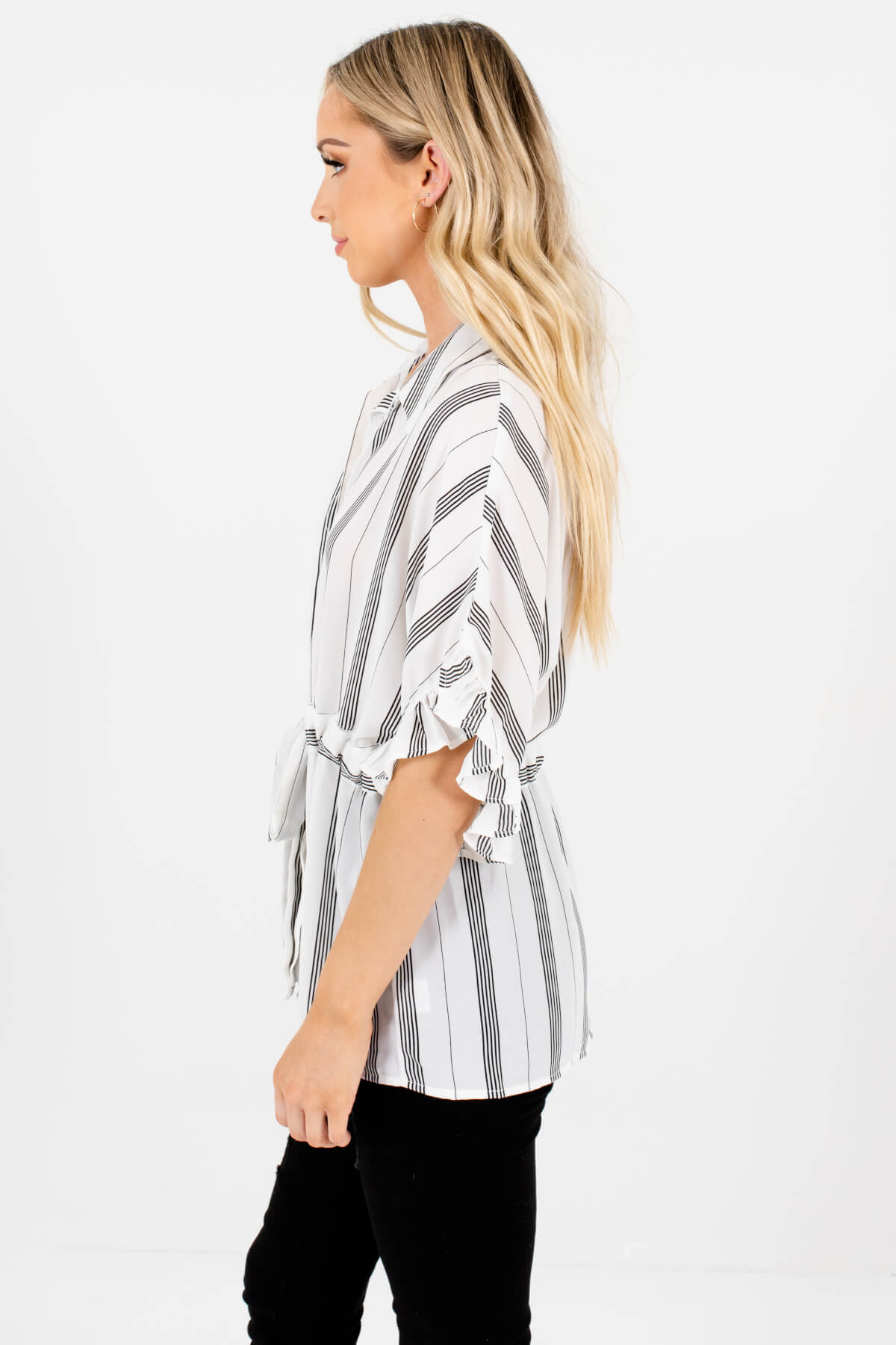 White Black Striped Oversized Button Up Blouses with Waist Tie