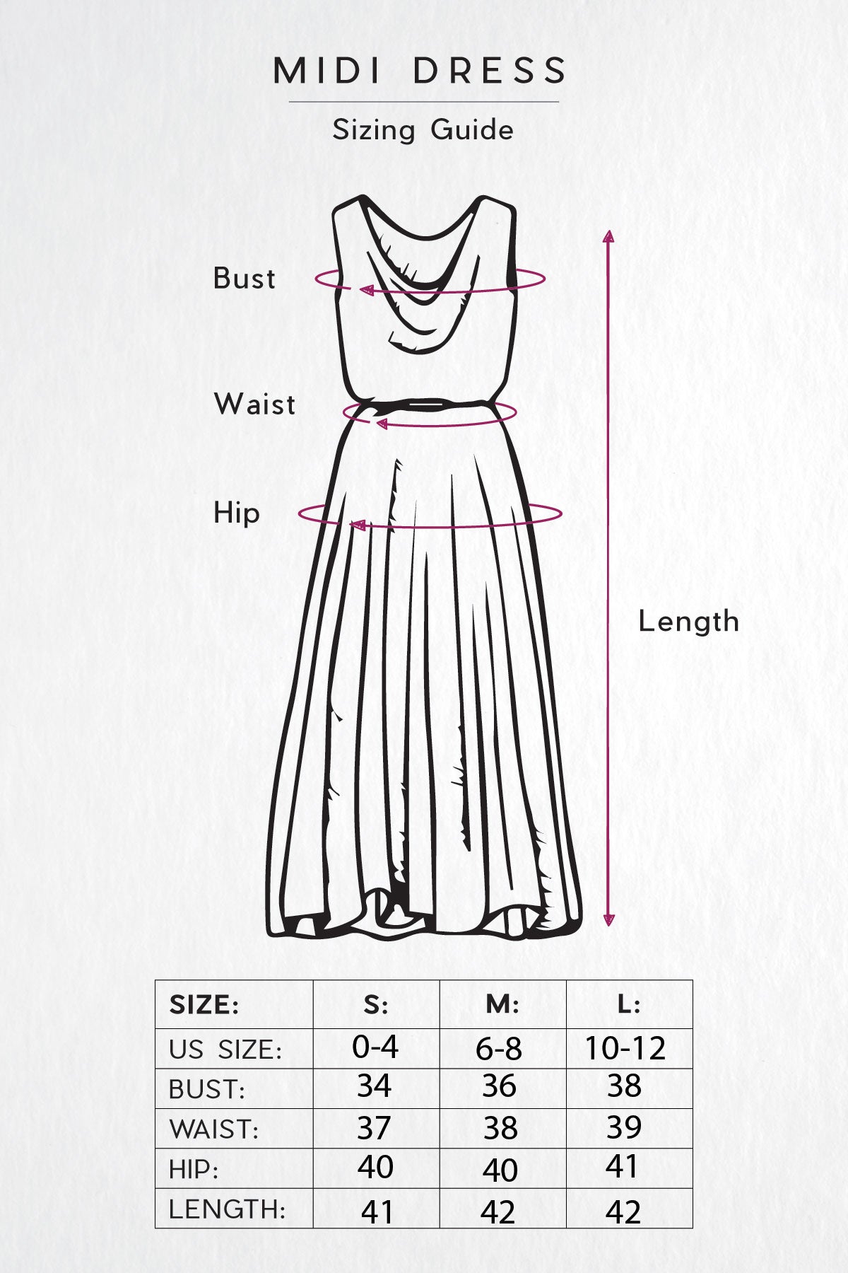 Midi Dress Sizing Guide from Bella Ella Boutique.