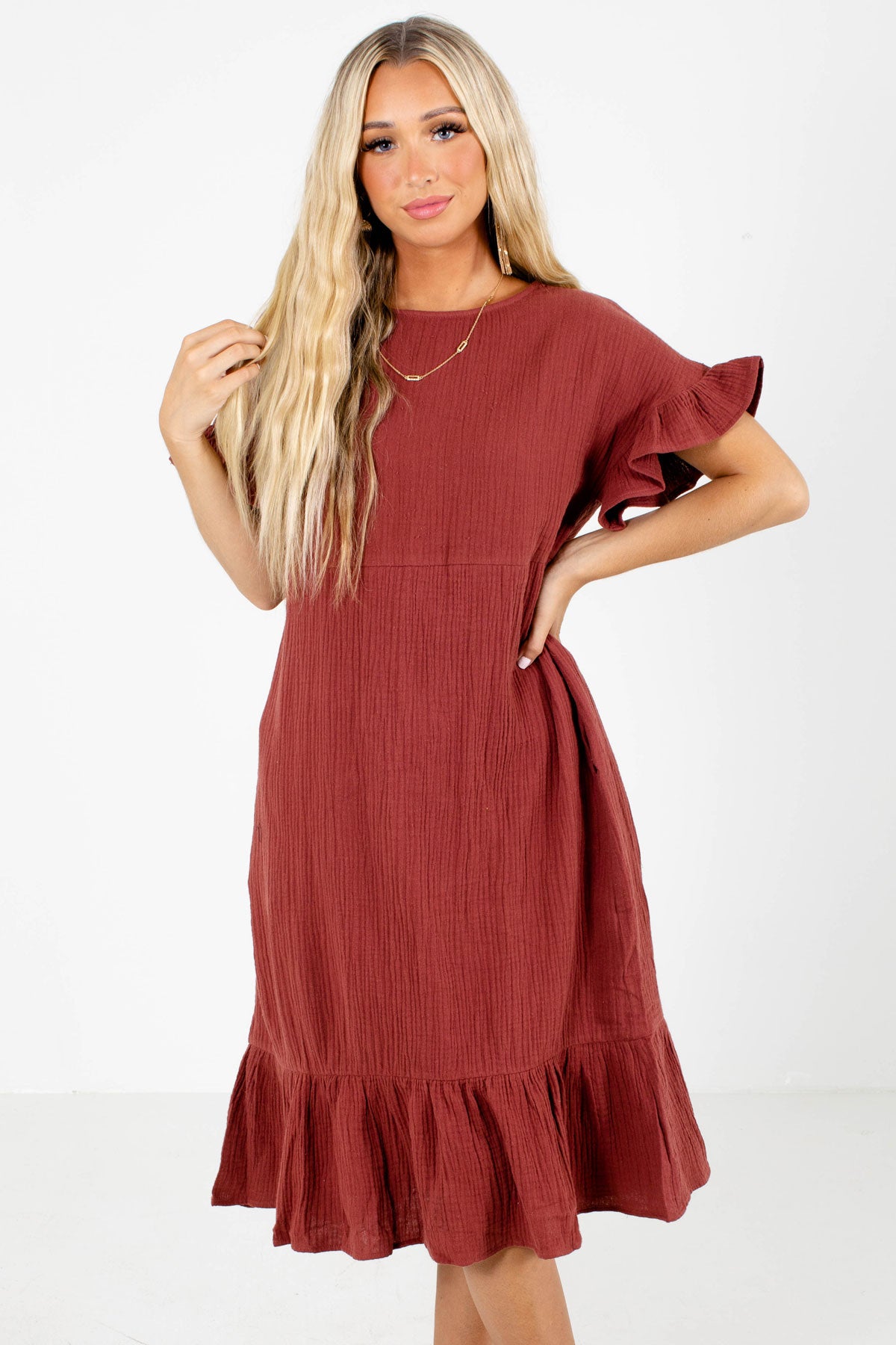 Red Ruffle Accented Boutique Midi Dresses for Women