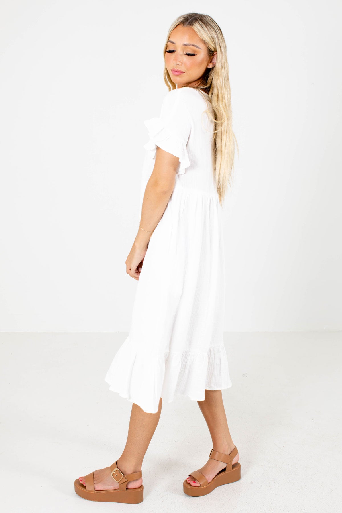 White Ruffled Boutique Midi Dresses for Women