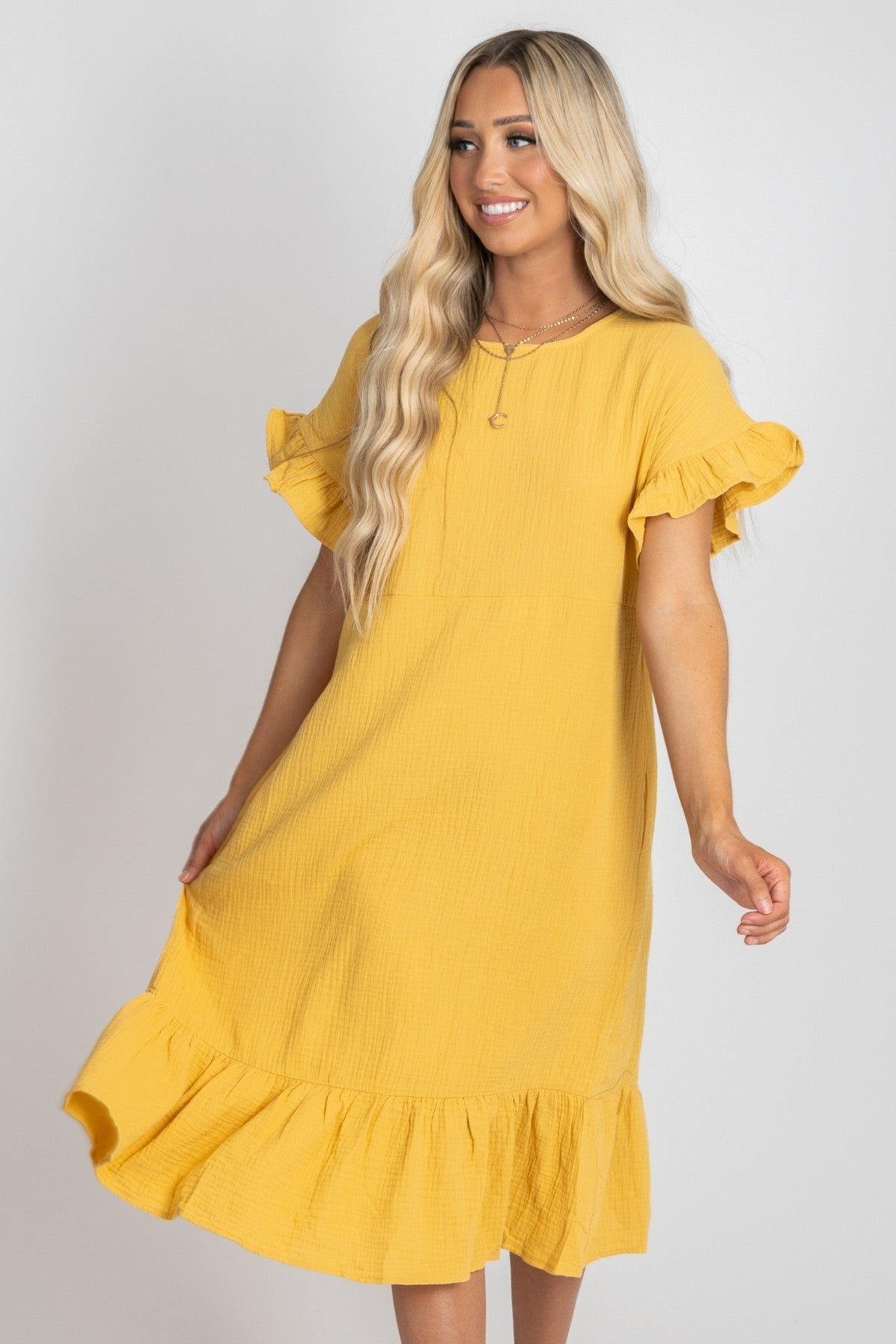 Women's Yellow Midi Dress with Flutter Sleeves