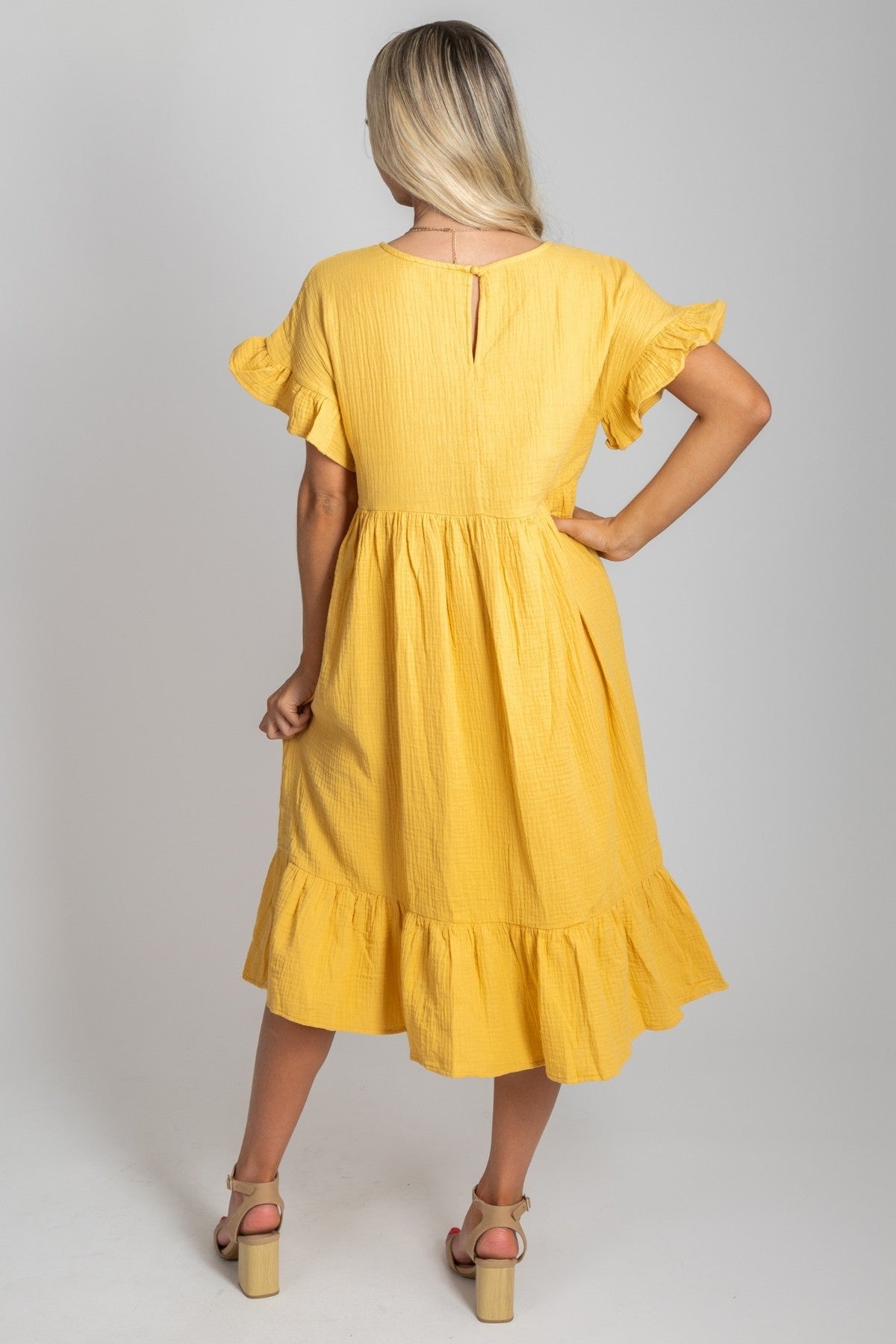 Boutique Midi Dress with Keyhole Detail and Ruffled Hem