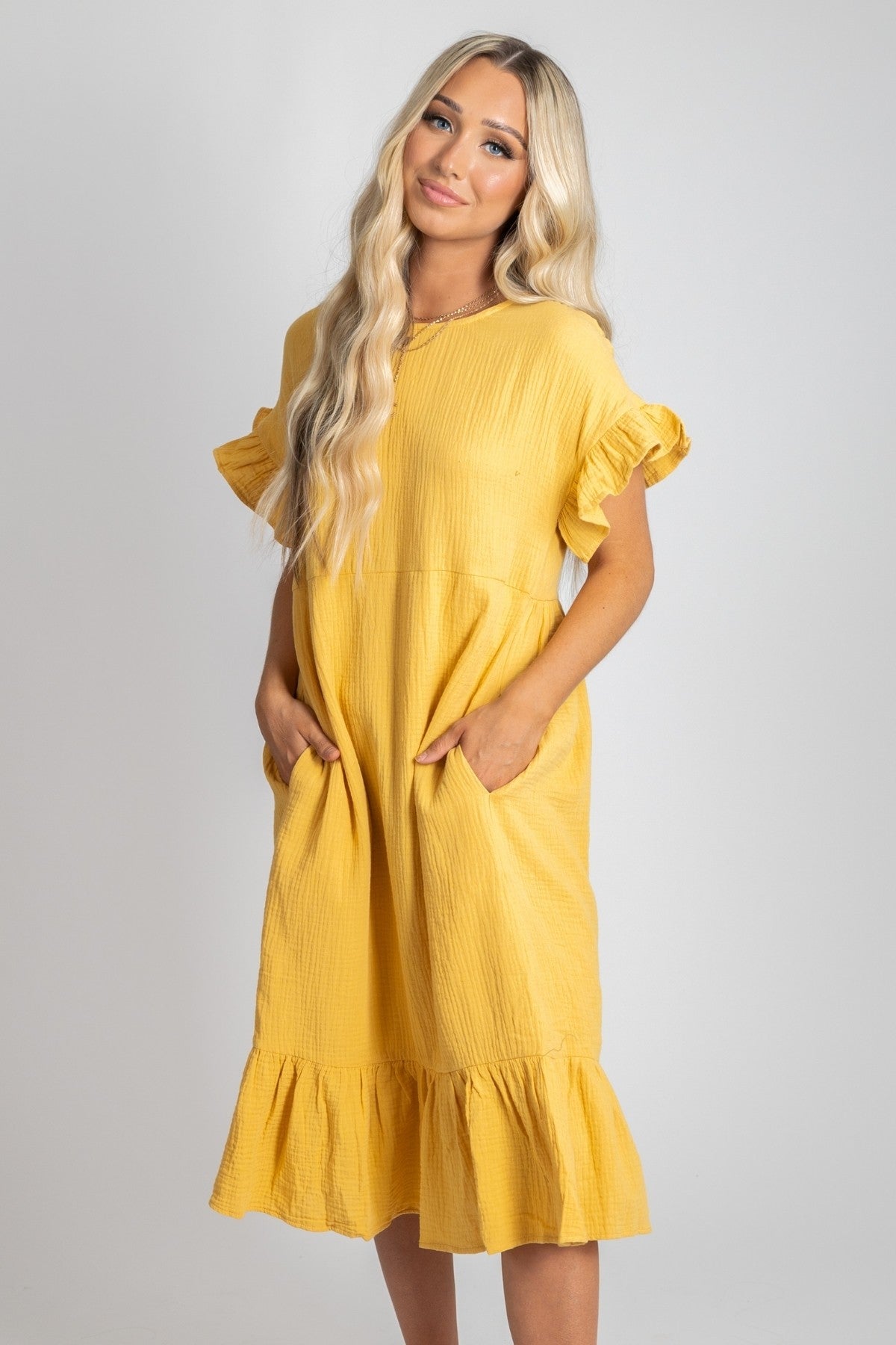 Yellow Midi Dress with Pockets and Flutter Sleeves