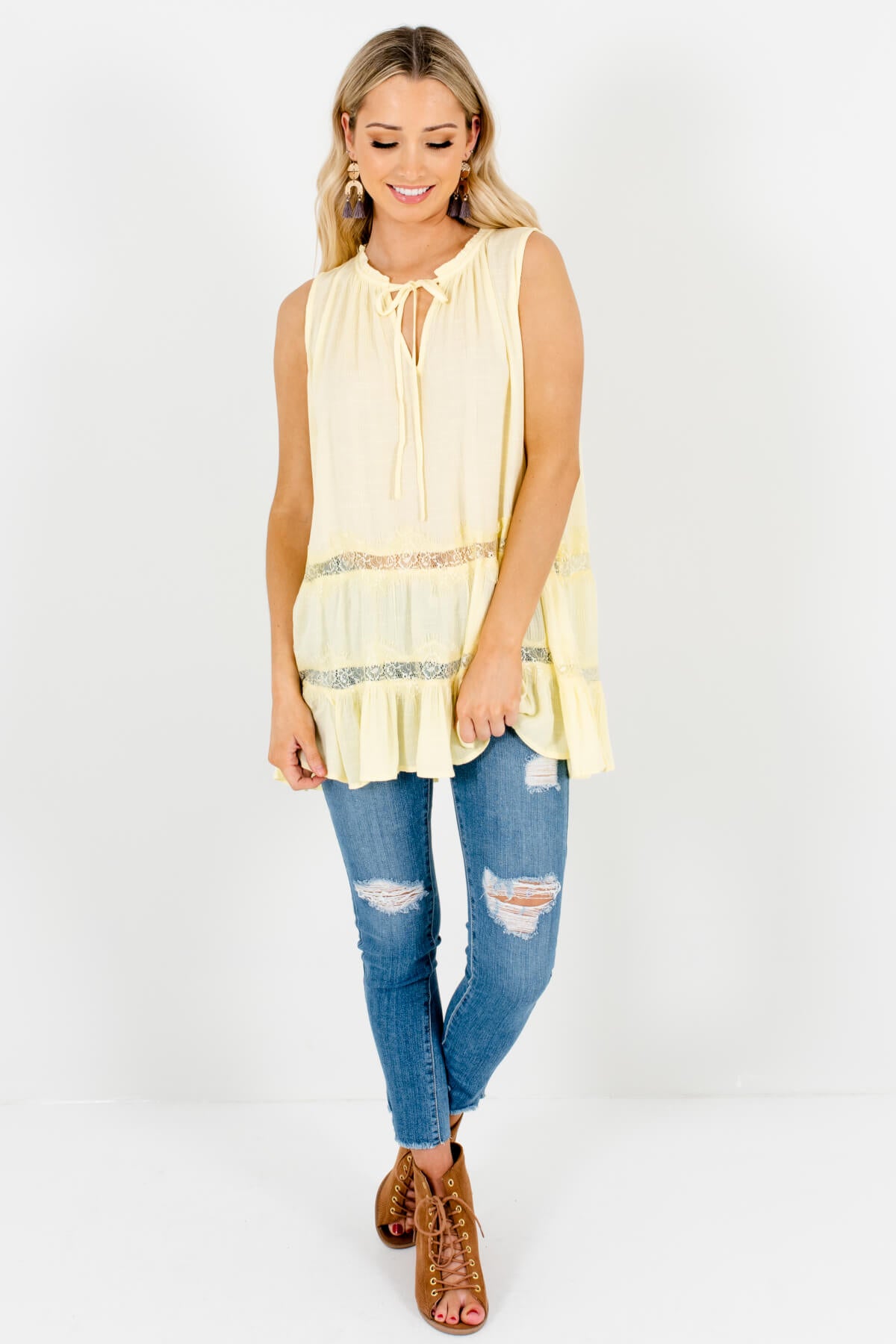 Yellow Eyelash Lace Peasant Tank Tops Affordable Online Boutique