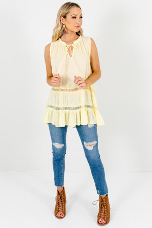 Yellow Eyelash Lace Peasant Tank Tops with Tie Neckline Detail