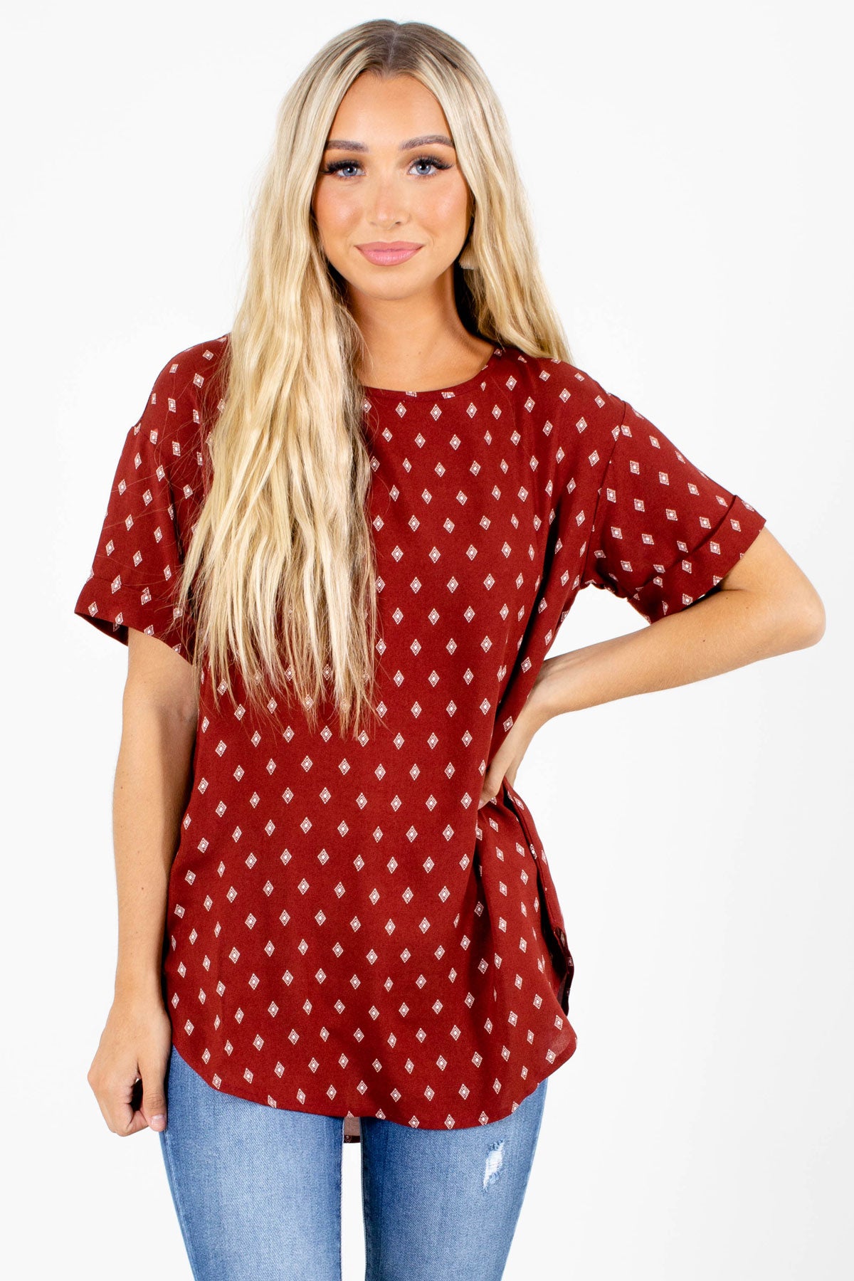 Rust Red Diamond Patterned Boutique Blouses for Women