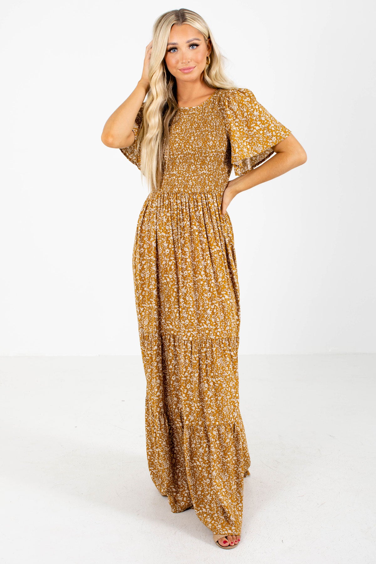 Mustard Yellow and White Floral Boutique Maxi Dresses for Women