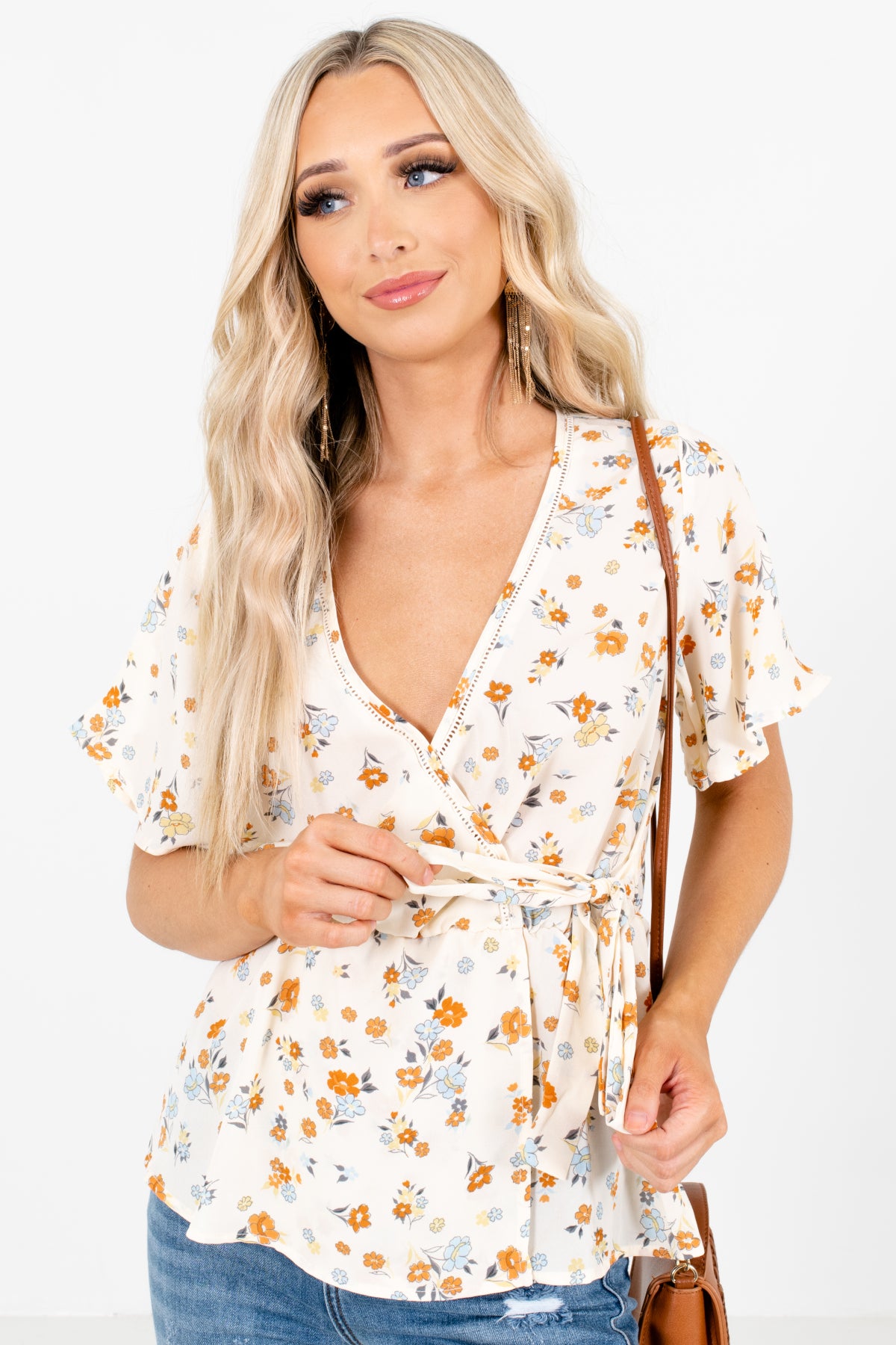 Cream Floral Patterned Boutique Blouses for Women