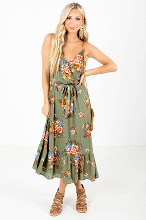 Green Floral Patterned Boutique Midi Dresses for Women