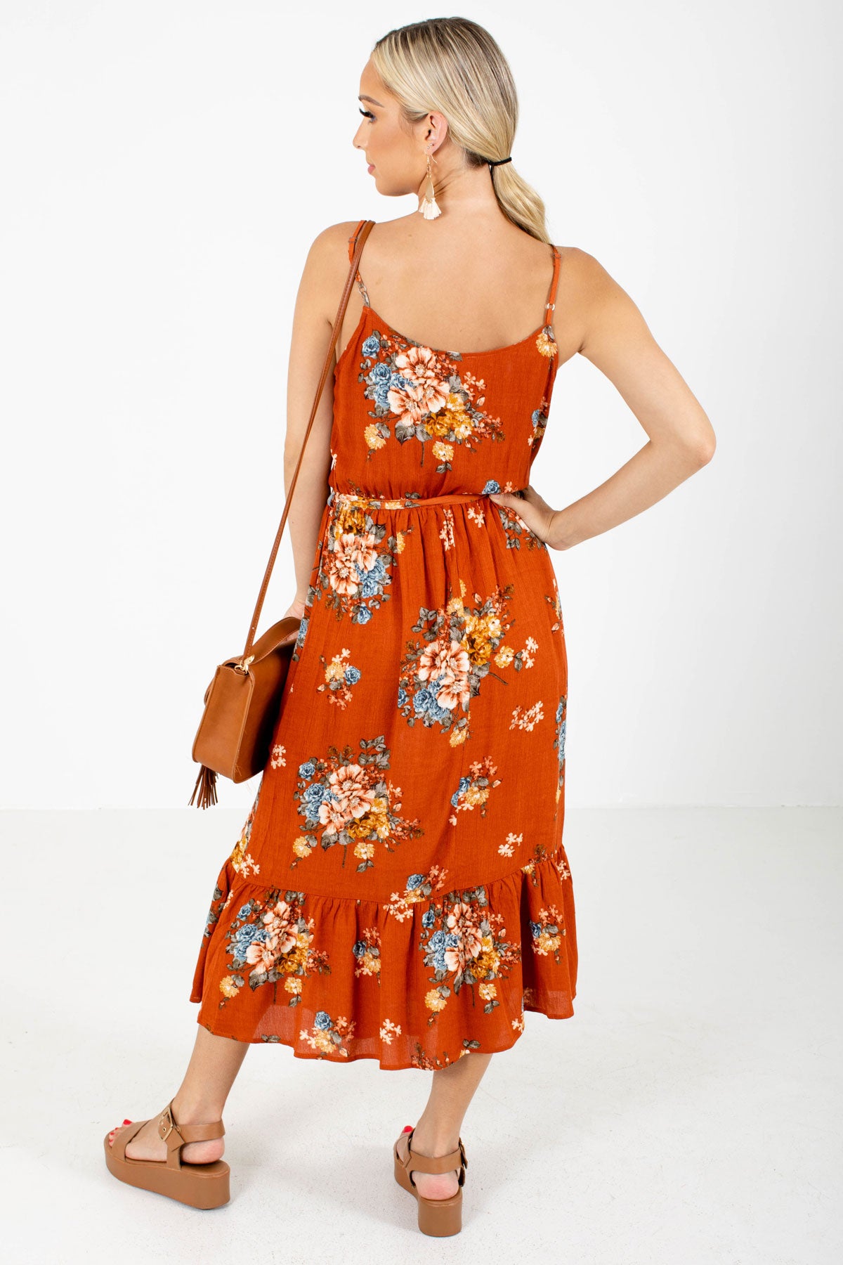 Women's Orange Ruffled Hem Boutique Midi Dress