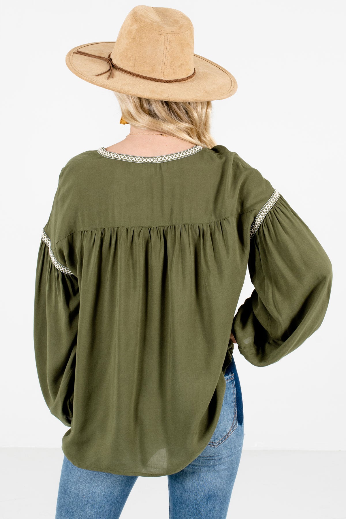 Women’s Olive Green Crochet Accented Boutique Blouse